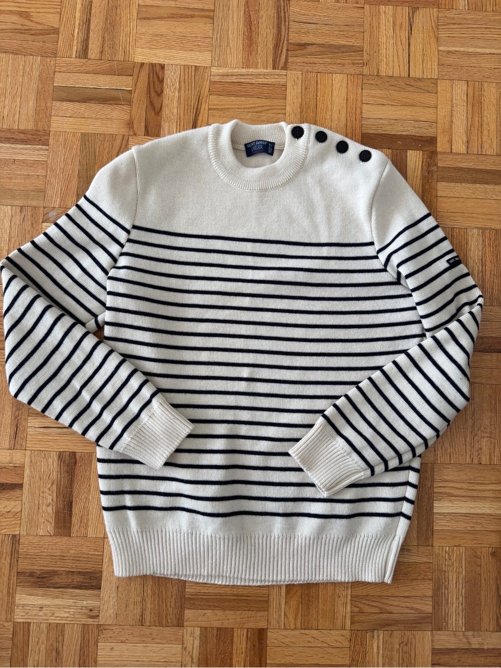Saint James Cream sweater with Navy stripes and Shoulder Buttons